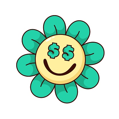 Groovy flower character with money in eyes vector illustration. Cartoon isolated retro funny floral sticker of love to money, cute daisy with green petals, dollars and funky smile on flowers face