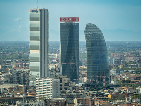 Milano, Italy. Amazing aerial view of the iconic Generali, Allianz and PWC towers at CityLife district. Modern buildings