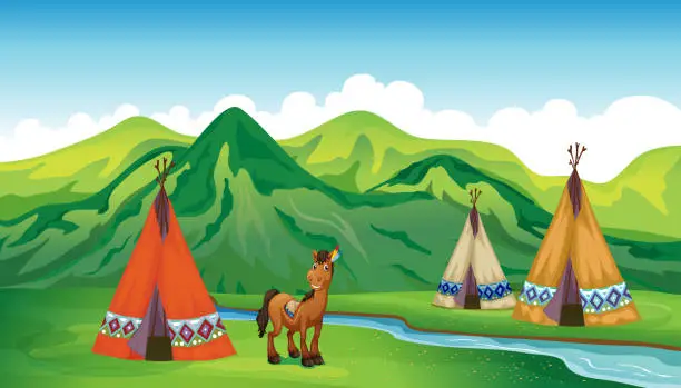 Vector illustration of Tents and a smiling horse
