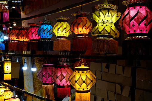 Hanging Diwali Lamp (Kandil) - Diwali Festival Background, Colourful lanterns made by paper eco friendly material akashkandil hang shop sell celebrating diwali festival in Pune, Maharashtra, India.
