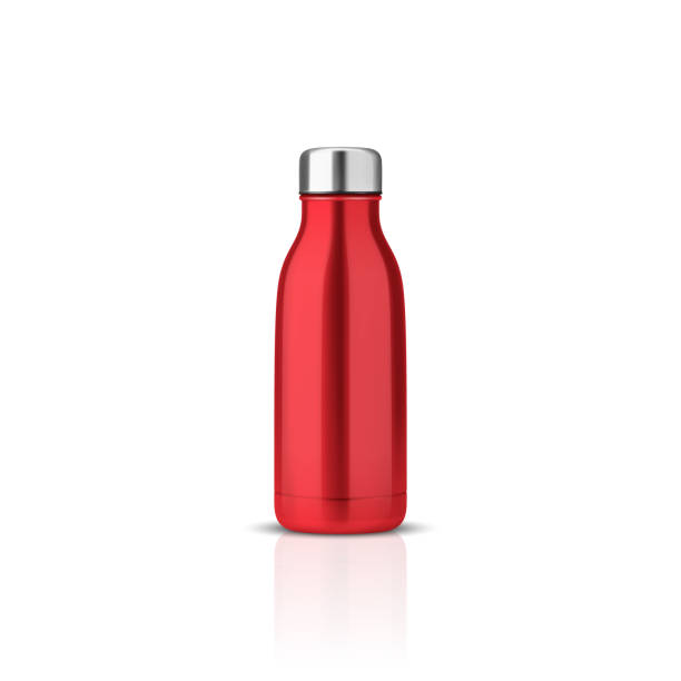 istock Vector Realistic 3d Red Blank Glossy Metal Reusable Water Bottle with Silver Bung Closeup Isolated on White Background. Design template of Packaging Mockup. Front View 1789007546