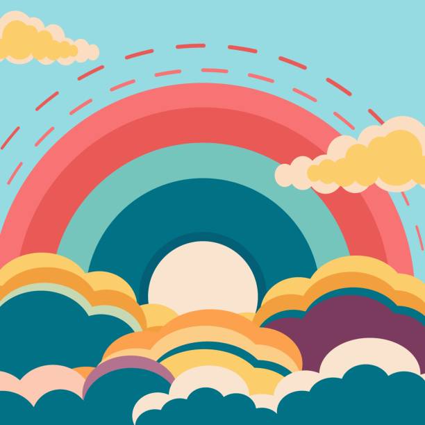 A vector illustration of 90s groovy posters in a cartoon psychedelic style.Boho and hippie design,featuring vibrant  retro elements and trippy landscapes. Clouds, sea ,sun rays and psychedelic waves.