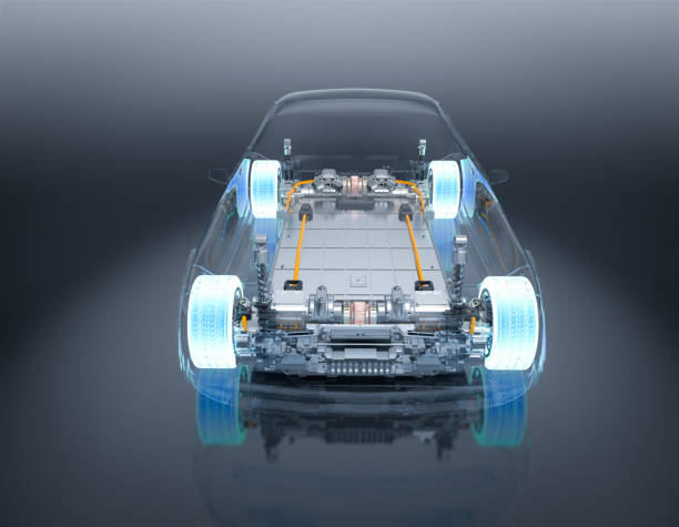 istock Electric car battery with pack of battery cells module on platform 1789012700