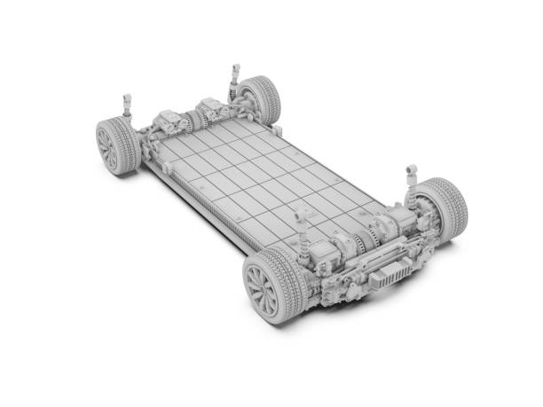 istock White model of lectric car battery with pack of battery cells module on platform 1789013206
