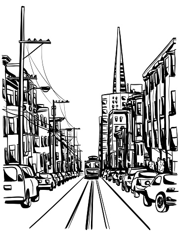 Street scene in San Francisco in a typical residential street with street car and parked vehicles.  Vector illustration