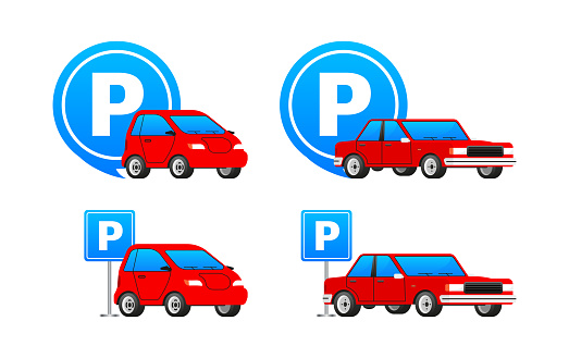 Red Hatchback and Sedan with Blue Parking Signage. Parking Zone Icons with Cars. Vector illustration