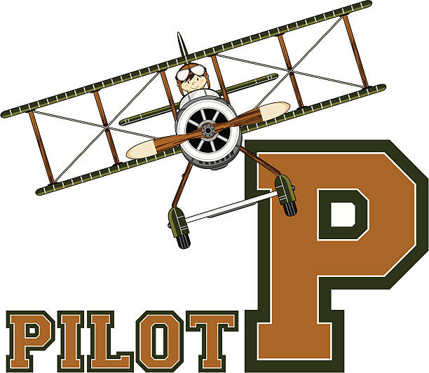 WW1 Style Pilot in Plane Learning Letter P Cute Little World War Two Style Pilot and Plane Letter P Alphabet Learning Illustration. ww1 helmet stock illustrations