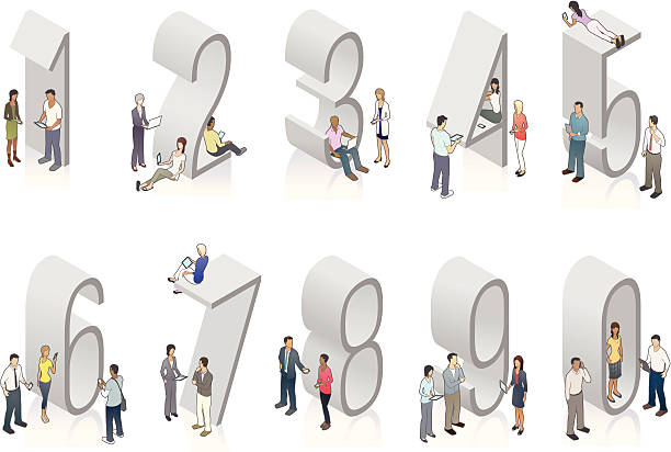 Illustration of gray isometric numbers with people Illustrated people use mobile devices on and near 3D isometric numbers. Grouped for editing. one two three four five six seven eight and nine stock illustrations