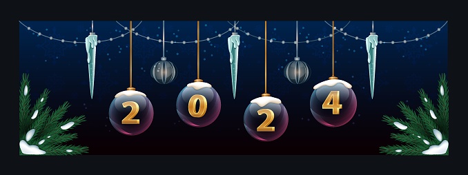 Horizontal 2024 New Year banner with fir branches, icicles and christmas tree toys. Winter holiday banner for greetings, postcrads or advertisign