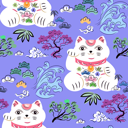 Awesome maneki-neko cat seamless pattern Modern cute japanese template texture with lucky charms Vector flat trendy illustration