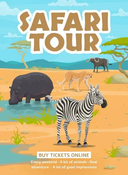 Vector illustration of Safari tour flyer with cartoon african animals