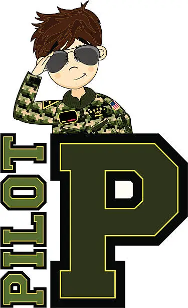 Vector illustration of Cute USAF Style Pilot Learning Letter P
