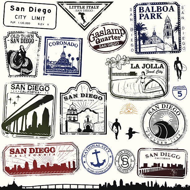 Stamps of San Diego Series of Stylized stamps of San Diego landmarks. san diego stock illustrations