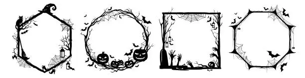 Vector illustration of Halloween black frames with monsters silhouettes
