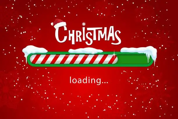 Vector illustration of Christmas loading bar with candy cane slider, snow