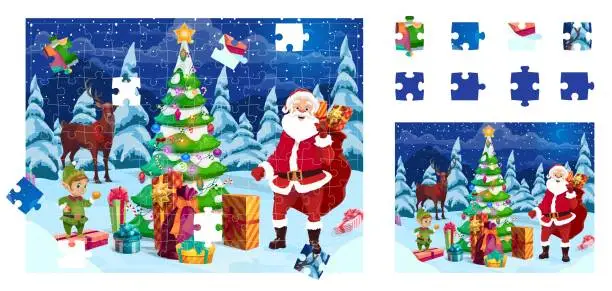 Vector illustration of Christmas jigsaw puzzle game with Santa gifts