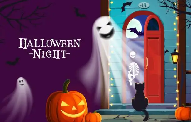 Vector illustration of Halloween holiday door and porch with ghosts, bats