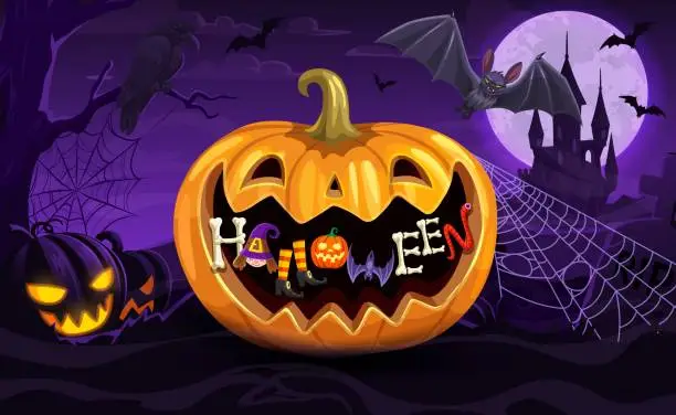 Vector illustration of Halloween pumpkin, bats, castle midnight landscape