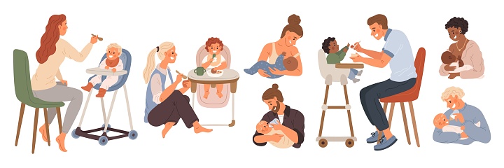 Dads and moms feed babies. Little kids eating process. Childish nutrition. Newborn kid feeding with milk bottle and spoon. Infants chair. Breast lactation. Toddler breastfeeding. Garish vector set