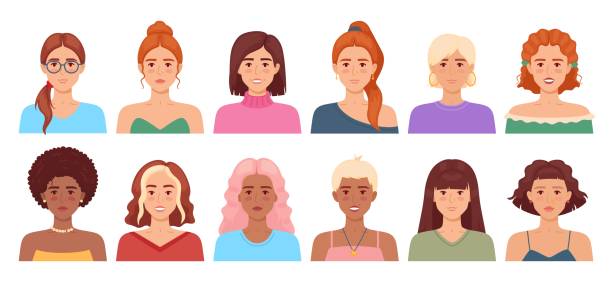 Avatars with different female hairstyles. Casual women portraits. Blondes and brunettes. Ladies with beautiful hair. Attractive face. Glamour hairdo. Wig and ponytail. Recent vector set Avatars with different female hairstyles. Casual women portraits. Blondes and brunettes. Ladies with beautiful hair. Human head. Attractive face. Glamour hairdo. Wig and ponytail. Recent vector set short weave hairstyles stock illustrations