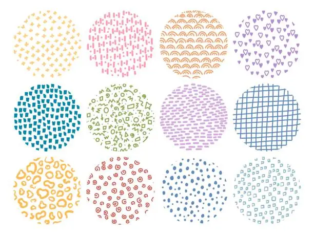 Vector illustration of Simple doodle textures. Round hand drawn pattern. Abstract random shapes. Polka dots and checkered print. Minimal strokes. Crosses and stripes. Circle geometric elements. Recent vector set