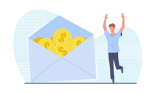 Guy got letter notifying him of payment. Happy man with golden coins in envelope. Salary increase, money payroll, compensation income. Charity and donation. Cartoon flat style isolated vector concept