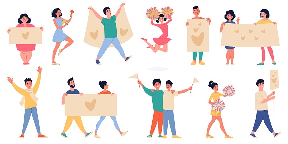 Peaceful parade participants. Happy people with flags, banners and posters, residents crowd on festival, demonstration for love, men and women cartoon flat style isolated illustration, vector set