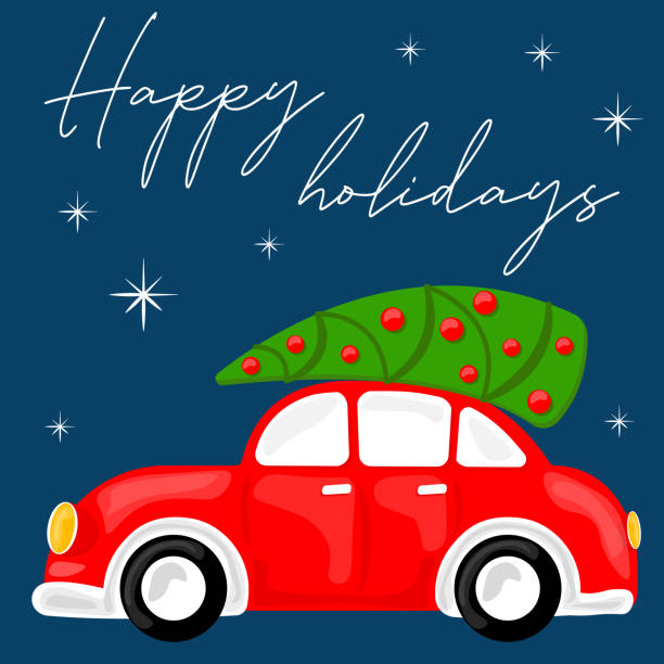istock happy holidays, merry Christmas, a red car drives a Christmas tree home 1789065793