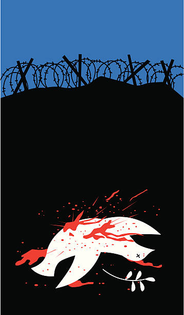 Death Of Peace Vector illustration of the death of the Dove of Peace against a black background with barbed wire and a dark blue sky. war bird stock illustrations