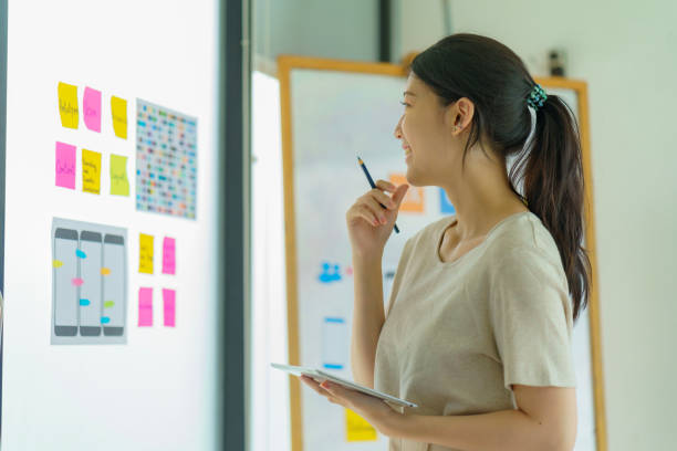 istock A website designer or Creative woman planning phone app development sketch template layout framework wireframe design, UX designer thinking out web structure concept. 1789101498