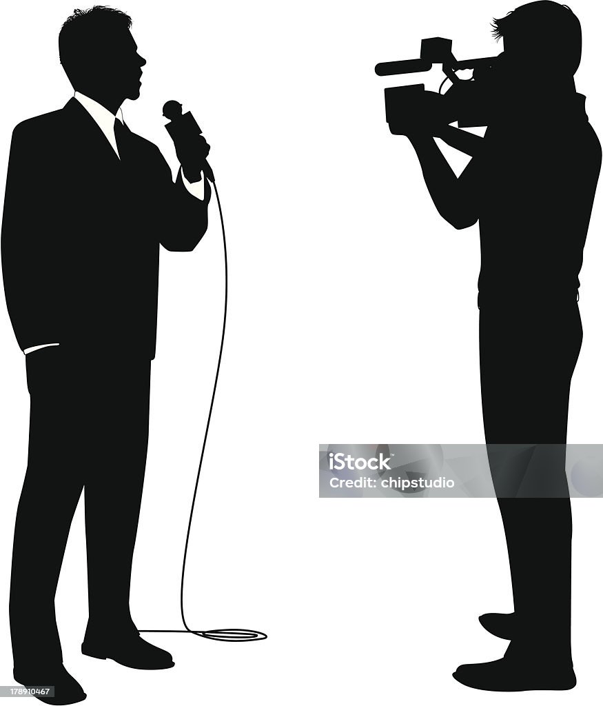 News Reporter TV reporter and camera operator covering a story. Files included – jpg, ai (version 8 and CS3), svg, and eps (version 8) Microphone stock vector
