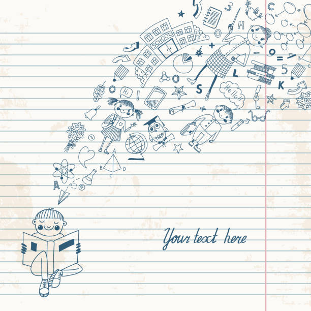 Boy reading a book Background with a boy reading a book and receiving knowledge in the style of the cartoon. Vector illustration. EPC 10 how to draw a school building clip art stock illustrations