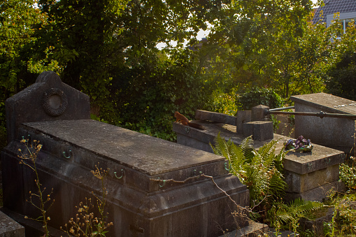 The photos taken in this cemetery evoke both serenity and melancholy. Stone graves, both old and new, stand beneath the sky