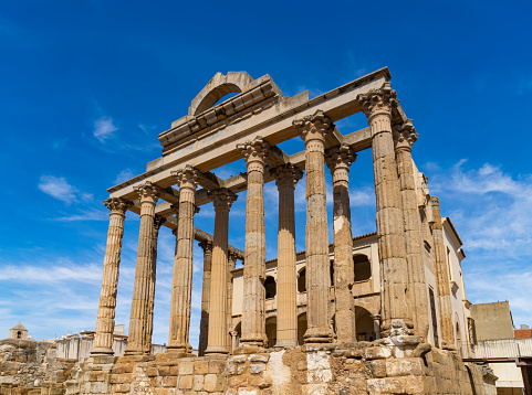 Ruins well-preserved archaeological remains of the Roman temple of Diana with well-preserved Corinthian style marble columns Badajoz province, Extremadura, Spain.