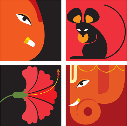 Beautiful graphic symbols that denote Lord Ganesha, God of Opportunity and new beginnings, and perfect for the Ganpati Festival. The mouse, Mushakraj is his vehicle, the hibiscus is used in homage. Can be used as icons or as a border.
