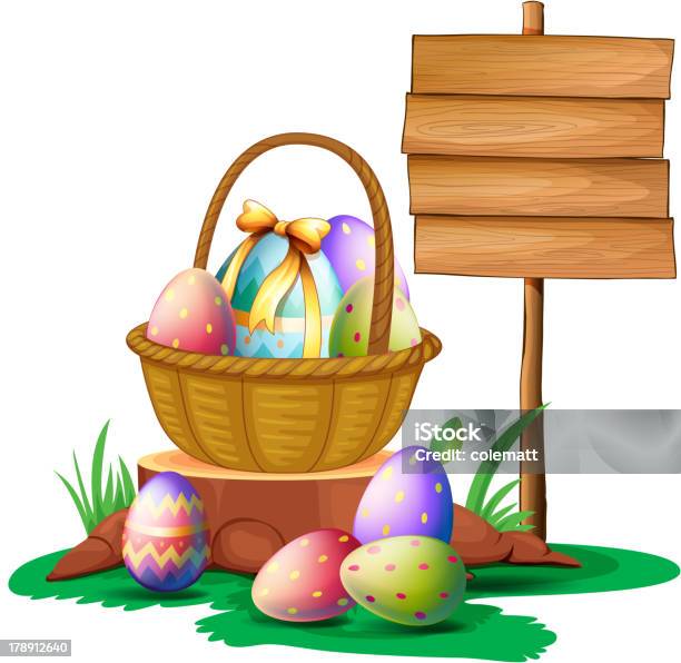 Ilustración de Huevos De Pascuas Cerca De Madera Signboard y más Vectores Libres de Derechos de Anuncio - Anuncio, Cartel, Cesta