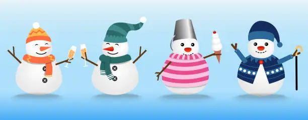 Vector illustration of The collection of snowmen wears the winter theme. Graphic resource about winter and Christmas for content, Snowman with champagne, Ice cream, and stick. Vector Illustration.