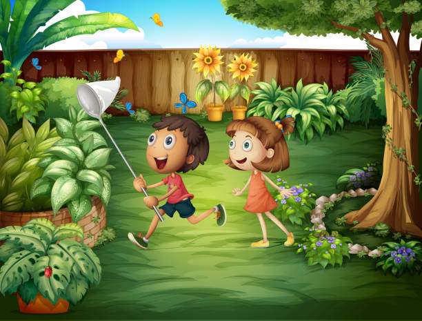 Two friends catching butterflies at the backyard the two friends catching butterflies at the backyard sunflower vine stock illustrations