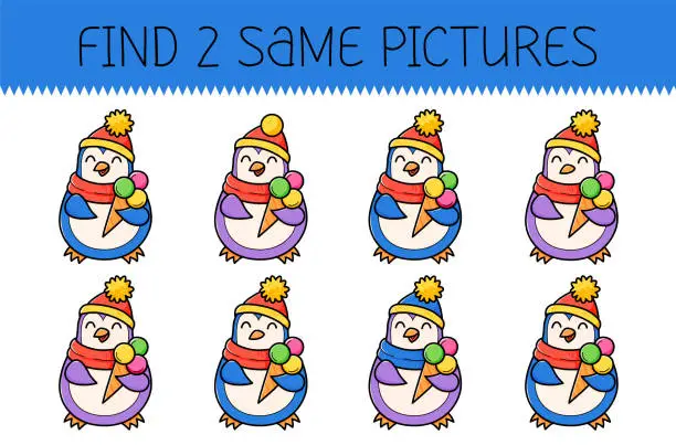 Vector illustration of Find two same pictures is an educational game for kids with cute penguin with ice cream. Cute cartoon penguin. Vector illustration.