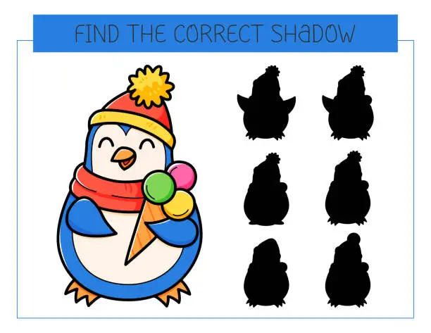 Vector illustration of Find the correct shadow game with penguin with ice cream. Educational game for children. Cute cartoon penguin. Shadow matching game. Vector illustration.