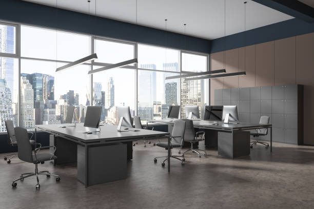 istock Dark business office interior with furniture and technology, panoramic window 1789152027