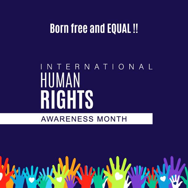 istock Human Rights card of colorful people hand prints. Design for celebration the Human Rights Day with recover better - stand up for human right theme. Web banner for social equality. 1789153683