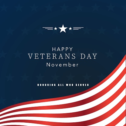 Veterans Day Vector illustration, Honoring all who served, USA flag waving on blue background.