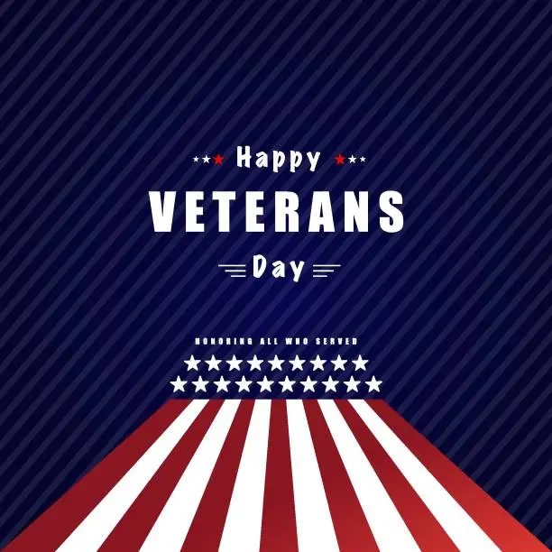 Vector illustration of Veterans Day Vector illustration, Honoring all who served, USA flag waving on blue background.