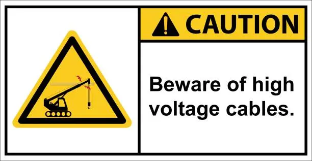 Vector illustration of Beware of cranes hooking up high voltage cables.sign caution
