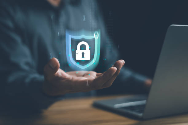 istock cyber security technology and privacy protection concept. Data bases and server lock file. Man Protecting secrets from suspicious people, internet, computer password, and communication connect 1789156941