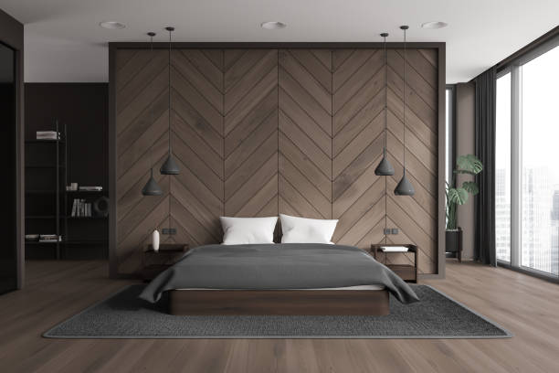 istock Brown and wooden bedroom interior 1789157452