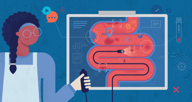 Gastroenterologist Perform Colonoscopy Procedure Flat vector illustration with hand drawn textures depicting the gastroenterologist while proceeding colonoscopy procedure. colonoscopy stock illustrations