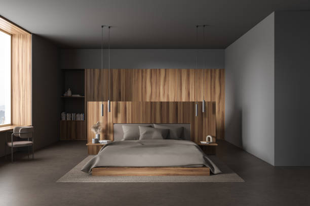 istock Modern grey bedroom interior with bed and shelf, panoramic window 1789164443