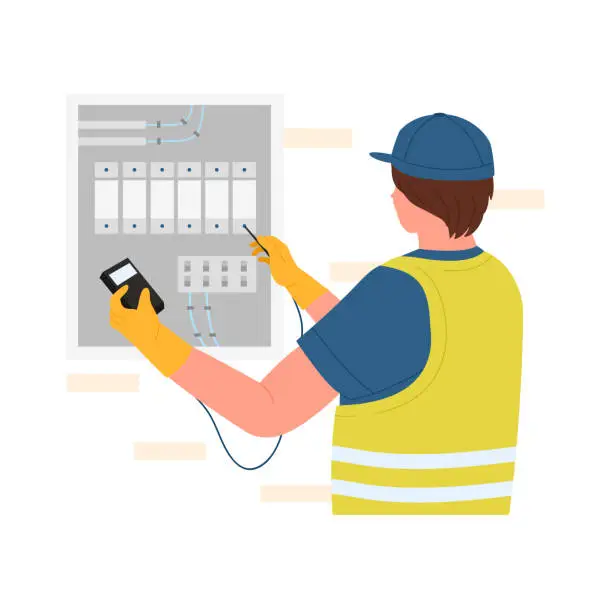 Vector illustration of Electrician worker checking voltage
